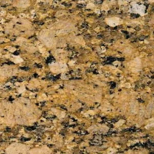Nahaufnahme der Granitoberfläche Giallo Veneziano mit warmen goldbeigen, schwarzen und grauen Mineralstrukturen sowie markanter natürlicher Körnung.