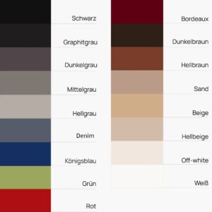akustischer-stoff-meterware-farben Übersicht der verfügbaren Farben des akustischen Stoffes als Meterware mit beschrifteten Farbfeldern von Schwarz bis Weiß.