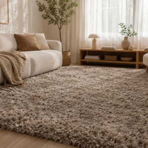 Beiger Professional Calm Akustikteppich mit dichtem, weichem Shaggy-Flor in einem hellen, modern eingerichteten Wohnzimmer mit cremefarbenem Sofa, Sessel und natürlichen Holzelementen.