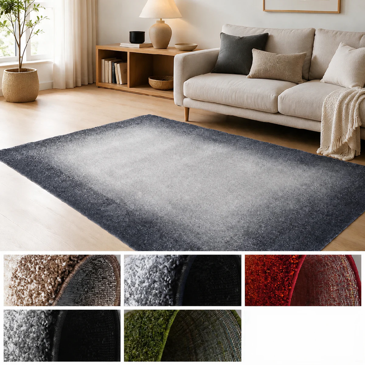 Pure Tone Akustikteppich in einem modernen Wohnzimmer sowie Detailaufnahmen des dichten Flors, der eingefassten Kanten und der hochwertigen Rückenbeschichtung in verschiedenen Farbvarianten.