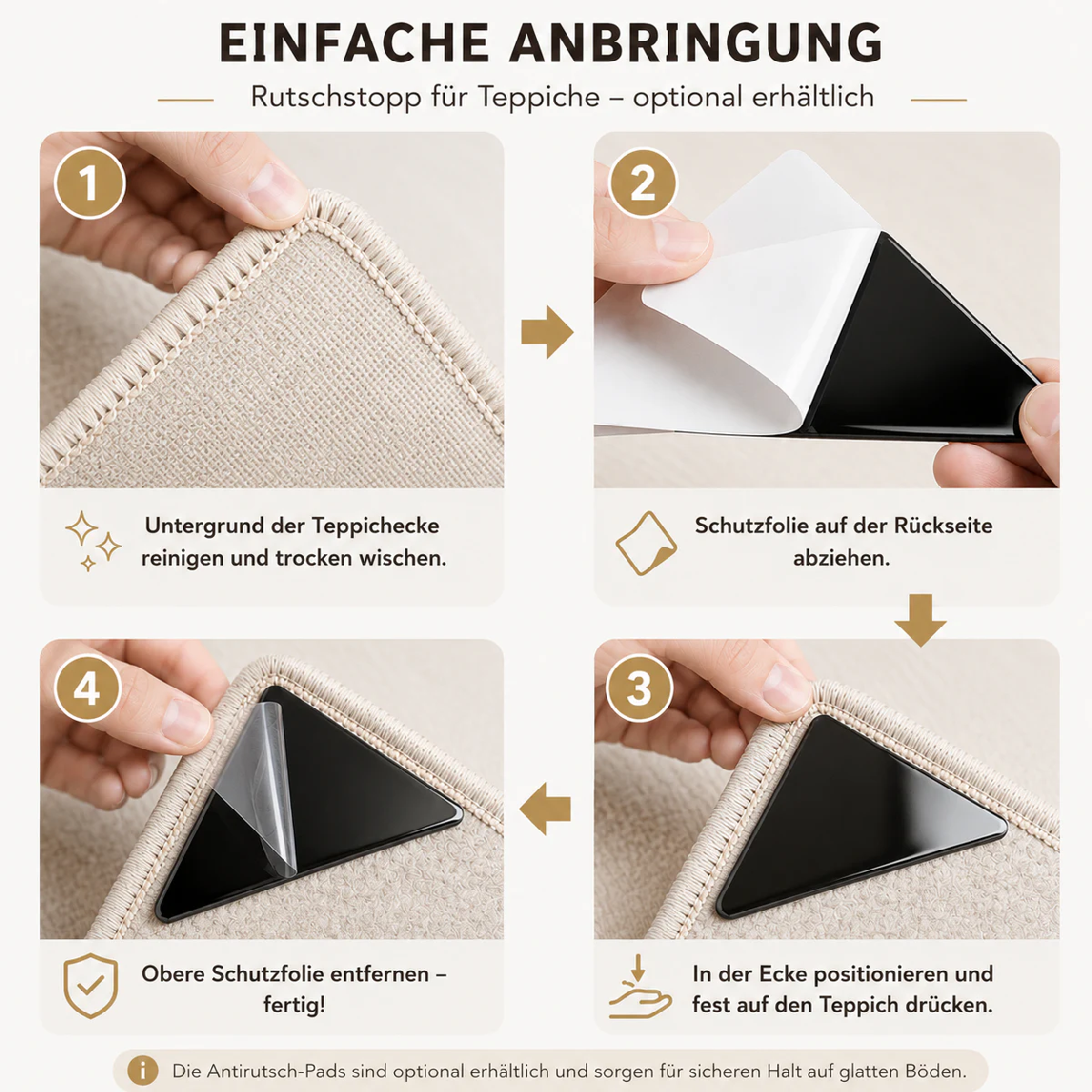 Schritt-für-Schritt-Illustration zur Montage eines selbstklebenden, dreieckigen Antirutsch-Pads für Teppiche. Die Grafik zeigt das Reinigen der Teppichrückseite, das Abziehen der Schutzfolie, das Anbringen in der Ecke sowie das Entfernen der oberen Schutzfolie vor der Nutzung.