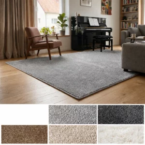 Silent Lärmschutzmatte in einem modernen Wohnzimmer sowie eine Übersicht der verfügbaren Farbvarianten und Oberflächenstrukturen.