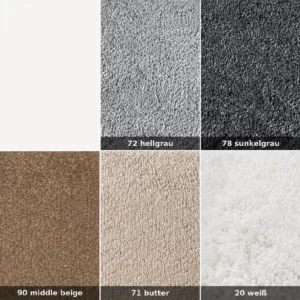 silent-laermschutzmatte-farben Detailansicht der verfügbaren Farbvarianten der Silent Lärmschutzmatte mit unterschiedlichen Oberflächenstrukturen in Terra, Hellgrau, Dunkelgrau, Middle Beige, Butter und Weiß.
