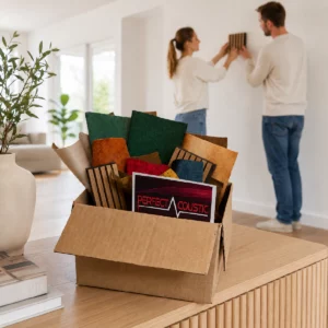 Im Vordergrund eine geöffnete Kartonbox mit verschiedenen Stoff- und Lamellenwandpanel-Mustern sowie einer Karte, im Hintergrund leicht unscharf eine Frau und ein Mann, die in einem hellen skandinavischen Interieur ein handgroßes Lamellenwandpanel-Muster an die Wand halten.