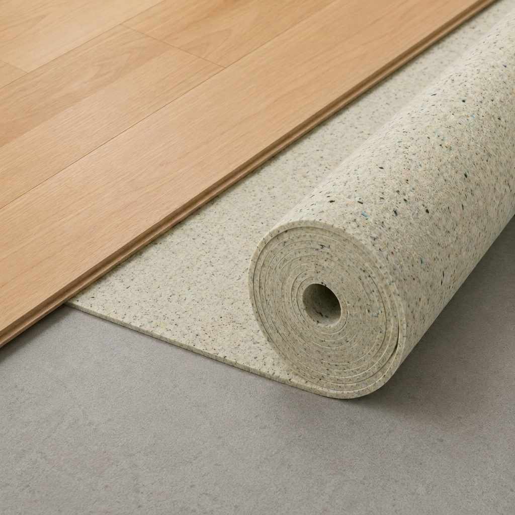 Aufgerollte Elitexa extra dichte Teppichunterlage unter einem hellen Laminatboden, wobei die gleichmäßige Materialstruktur und die Verlegung deutlich sichtbar sind.