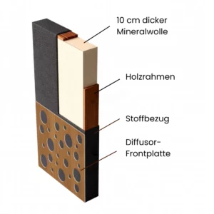 Varnour Decken-Akustikabsorber mit Frontdiffusor – Schichtaufbau Varnour Decken-Akustikabsorber mit Frontdiffusor – Schichtaufbau
