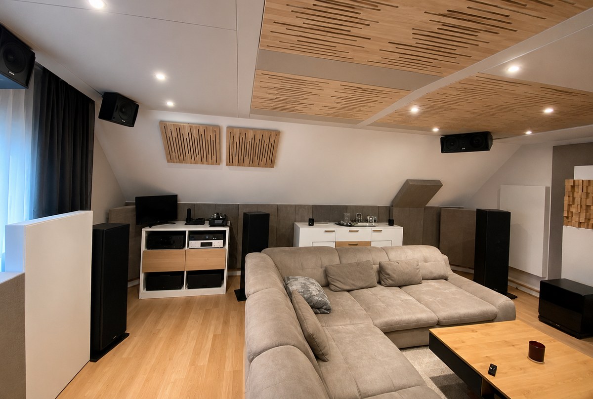 Varnour Decken-Akustikabsorber mit Frontdiffusor – über dem Hörplatz im HiFi-Raum