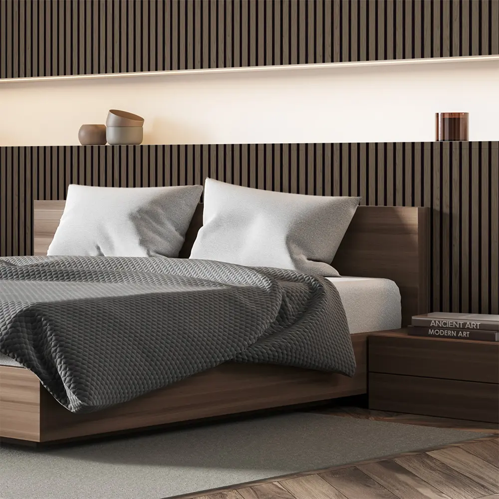 FREJA Akustikplatte für die Wand Smoke Oak 240 × 60 × 2,2 cm – als Akzentwand im Schlafzimmer