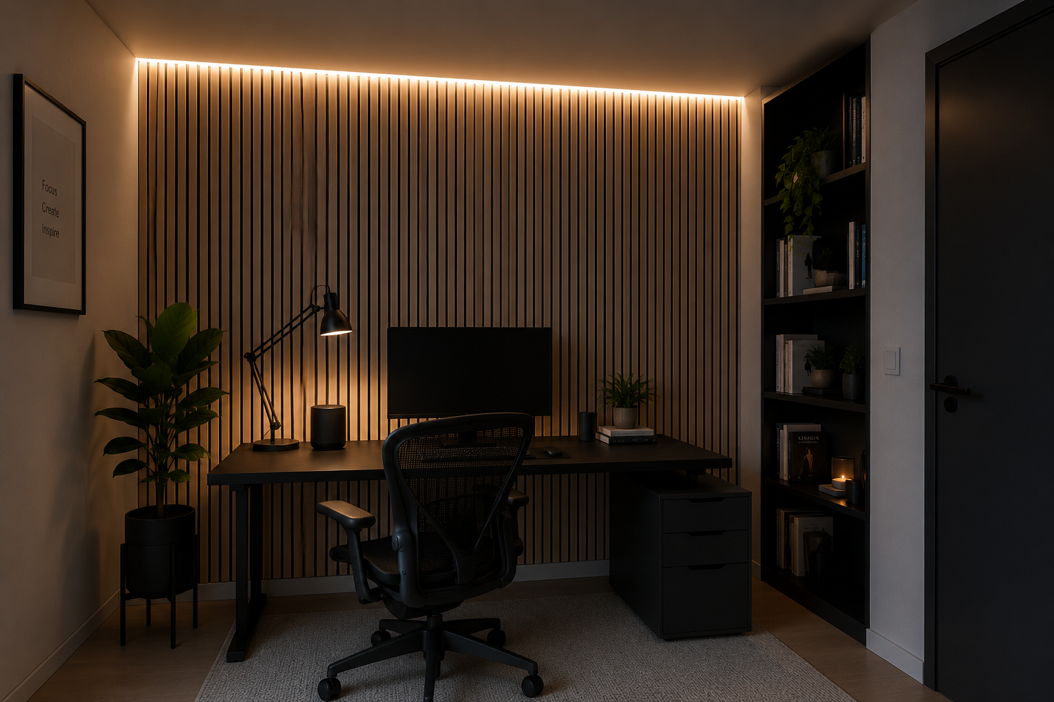 FREJA Akustikplatte für die Wand Smoke Oak 240 × 60 × 2,2 cm – hinter dem Schreibtisch im modernen Homeoffice