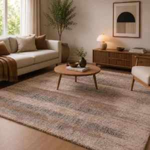Luxury Harmony geräuschdämmende Matte 12wsw in einem modern eingerichteten Wohnzimmer mit hellem Sofa, Holzsideboard und natürlichen Farbtönen. Das beigebraune Streifenmuster und die weiche, dichte Oberfläche des rechteckigen Teppichs stehen deutlich im Mittelpunkt.