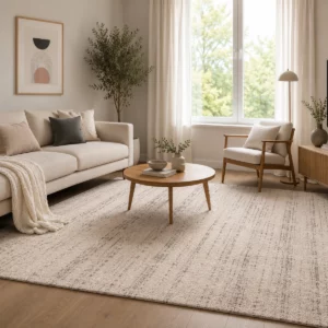 Luxury Harmony schallabsorbierender Teppich in der Farbe 09wsw Hellbeige in einem modernen Wohnzimmer mit hellem Sofa, Holz-Couchtisch und natürlicher Einrichtung. Die fein strukturierte Oberfläche und der warme Beigeton des Teppichs stehen im Mittelpunkt.