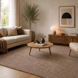 Rechteckiger Luxury Harmony schallabsorbierender Teppich in Kaffeebraun in einem modern eingerichteten Wohnzimmer mit hellem Sofa, Holzsideboard und natürlichen Farbtönen. Die dichte, weich strukturierte Oberfläche und die großzügige rechteckige Form stehen im Mittelpunkt.