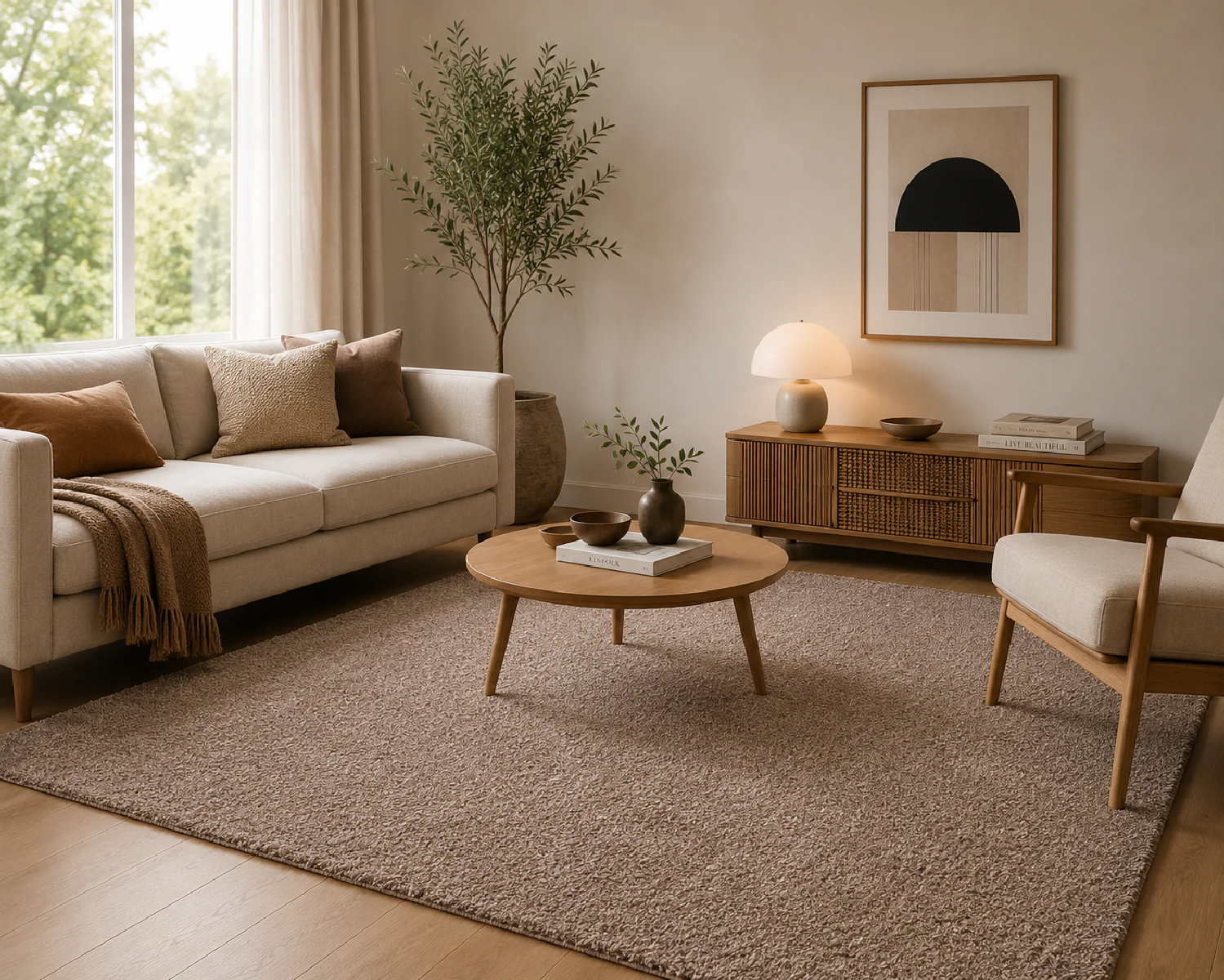 Rechteckiger Luxury Harmony schallabsorbierender Teppich in Kaffeebraun in einem modern eingerichteten Wohnzimmer mit hellem Sofa, Holzsideboard und natürlichen Farbtönen. Die dichte, weich strukturierte Oberfläche und die großzügige rechteckige Form stehen im Mittelpunkt.