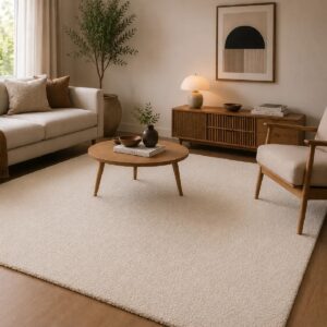 Helles, modernes Wohnzimmer mit einem großen weißen Luxury Harmony schallabsorbierenden Teppich, der den Wohnbereich harmonisch ergänzt. Die flauschige Textur und die dezente cremeweiße Farbgebung bilden den Mittelpunkt des Raumes.