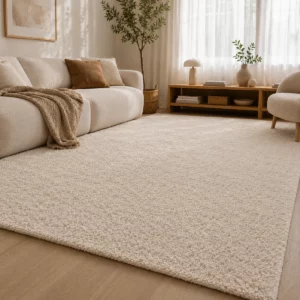 Helles Wohnzimmer mit dem einfarbigen Professional Calm Akustikteppich in Beige. Die weiche, gleichmäßige Oberfläche des Teppichs harmoniert mit den hellen Polstermöbeln und den natürlichen Holzelementen und schafft eine ruhige, wohnliche Atmosphäre.