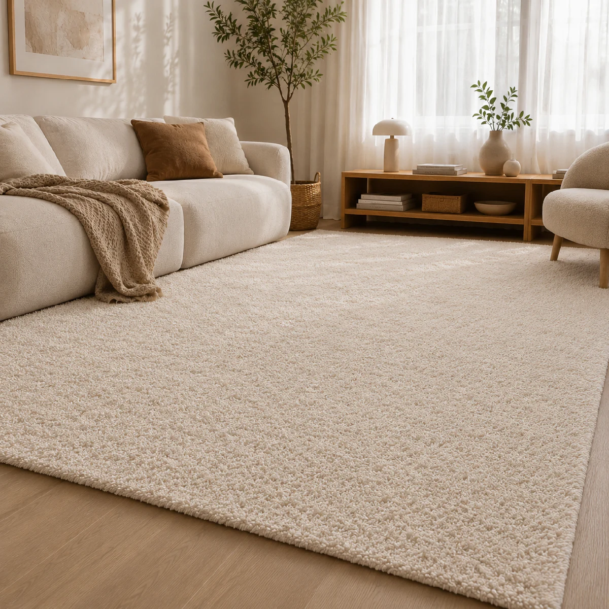 Helles Wohnzimmer mit dem einfarbigen Professional Calm Akustikteppich in Beige. Die weiche, gleichmäßige Oberfläche des Teppichs harmoniert mit den hellen Polstermöbeln und den natürlichen Holzelementen und schafft eine ruhige, wohnliche Atmosphäre.