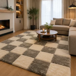 Professional Calm Pastel Cube Akustikteppich in Beige und Grau in einem modernen Wohnzimmer mit großem Ecksofa, Kamin und dezenten Wohnaccessoires. Der mittelhohe, weiche Flor und das quadratische Muster setzen stilvolle Akzente und schaffen eine wohnliche Atmosphäre.