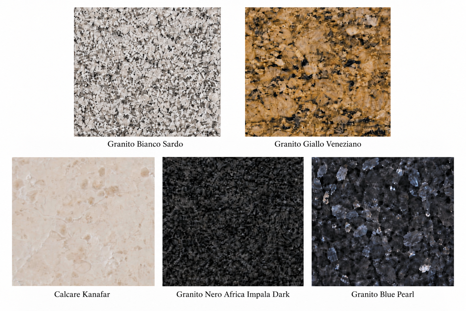 Übersicht der verfügbaren Natursteinvarianten für Lautsprecher-Unterlagen mit Bianco-Sardo-Granit, Giallo-Veneziano-Granit, Kanafar-Kalkstein, Nero-Africa-Impala-Dark-Granit und Blue-Pearl-Granit.