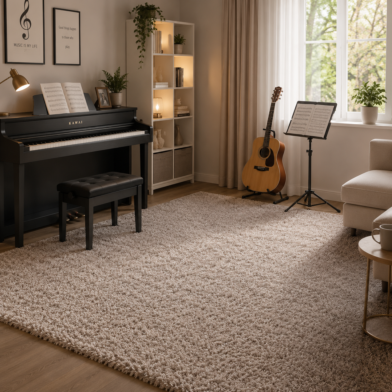 Vier Farbvarianten der Toone Premium Schalldämmmatte mit realistisch dargestelltem, dichtem Flor in hellen Beige-, Taupe-, Sand- und Grautönen sowie den Farbnummern 10082, 90127, 90128 und 90129.