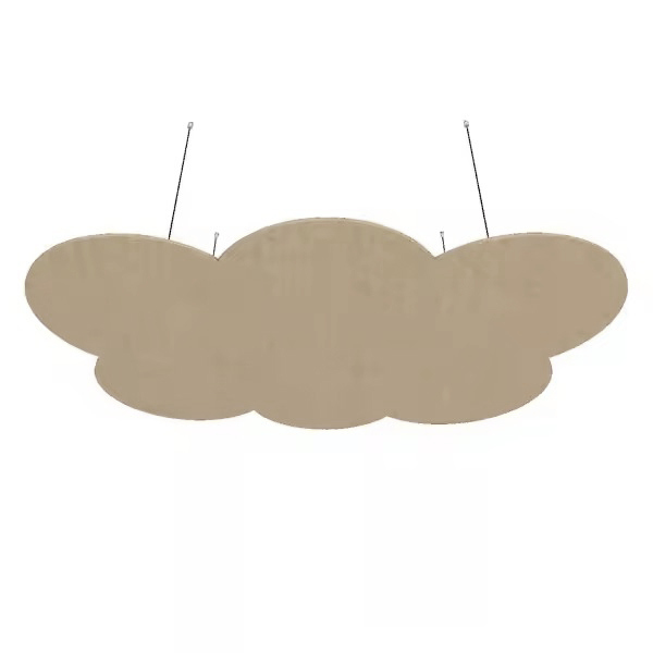 Illustration eines Bilnora Akustikwolken-Panels mit montiertem Seilaufhängesystem, bei dem die Deckenbefestigung und die höhenverstellbare Aufhängung im Mittelpunkt stehen.