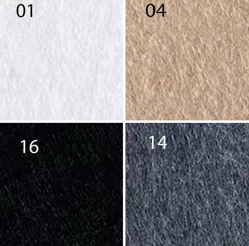 Farbpalette der Bilnora Filz-Schreibtischtrennwände mit den Farbvarianten Weiß, Beige, Anthrazit und Dunkelgrau.