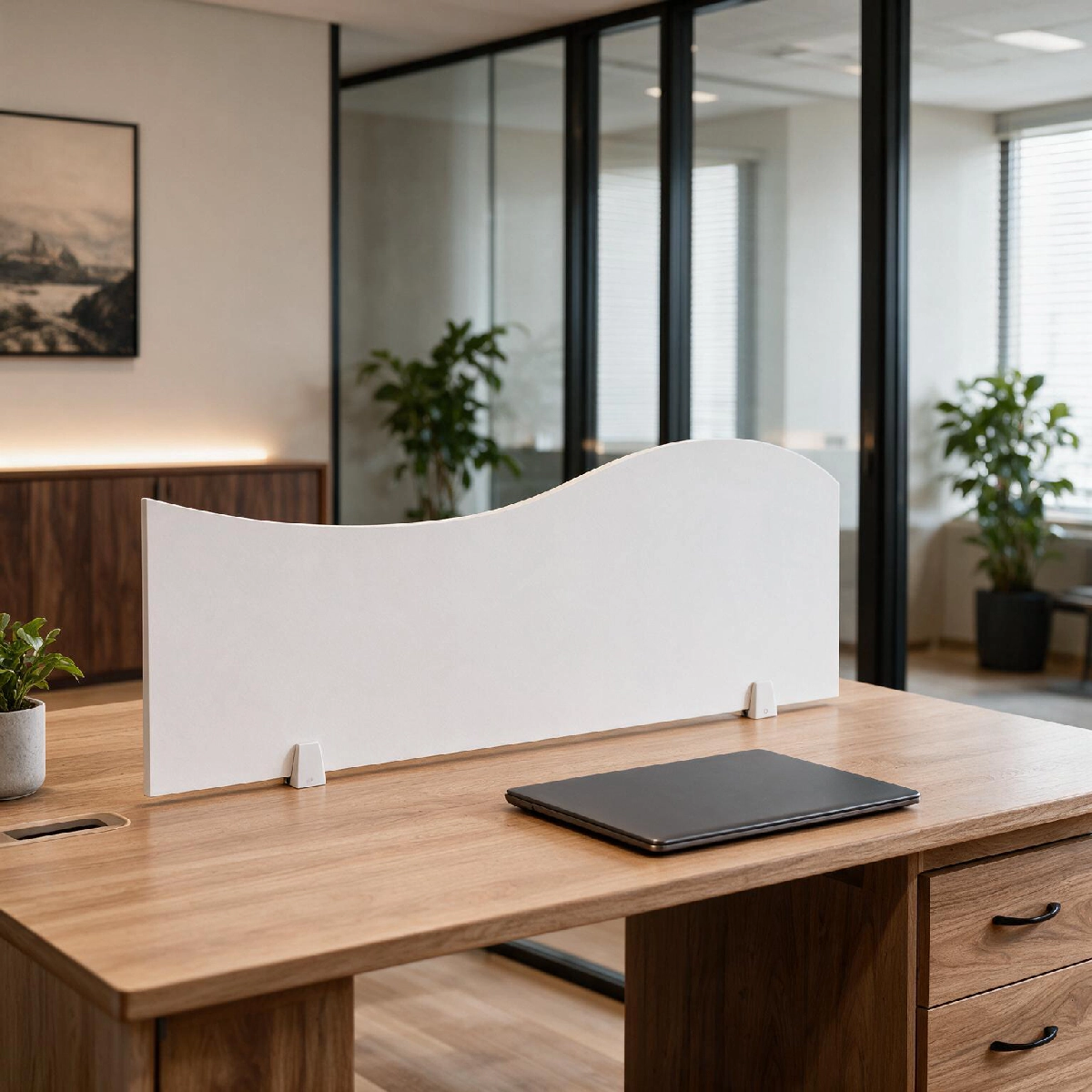 Weißer Bilnora Akustikschirm Welle 1auf einem Schreibtisch in einem modernen Büro. Die geschwungene Oberkante und die helle Filzoberfläche setzen einen eleganten Akzent im Arbeitsbereich.