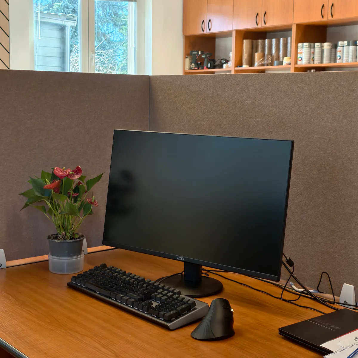 Mehrere taupefarbene Schreibtisch-Trennwände im Format 60 × 60 cm bilden einen abgeschirmten Arbeitsplatz rund um Monitor, Tastatur und Maus auf einem großen Holzschreibtisch.