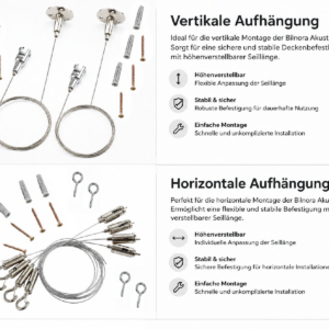 set-vertikale-horizontale-aufhaengung-bilnora-akustikpaneele2 Übersicht der vertikalen und horizontalen Aufhängung für Bilnora Akustikpaneele mit höhenverstellbaren Stahlseilen, Deckenhalterungen, Haken, Schrauben und Dübeln.