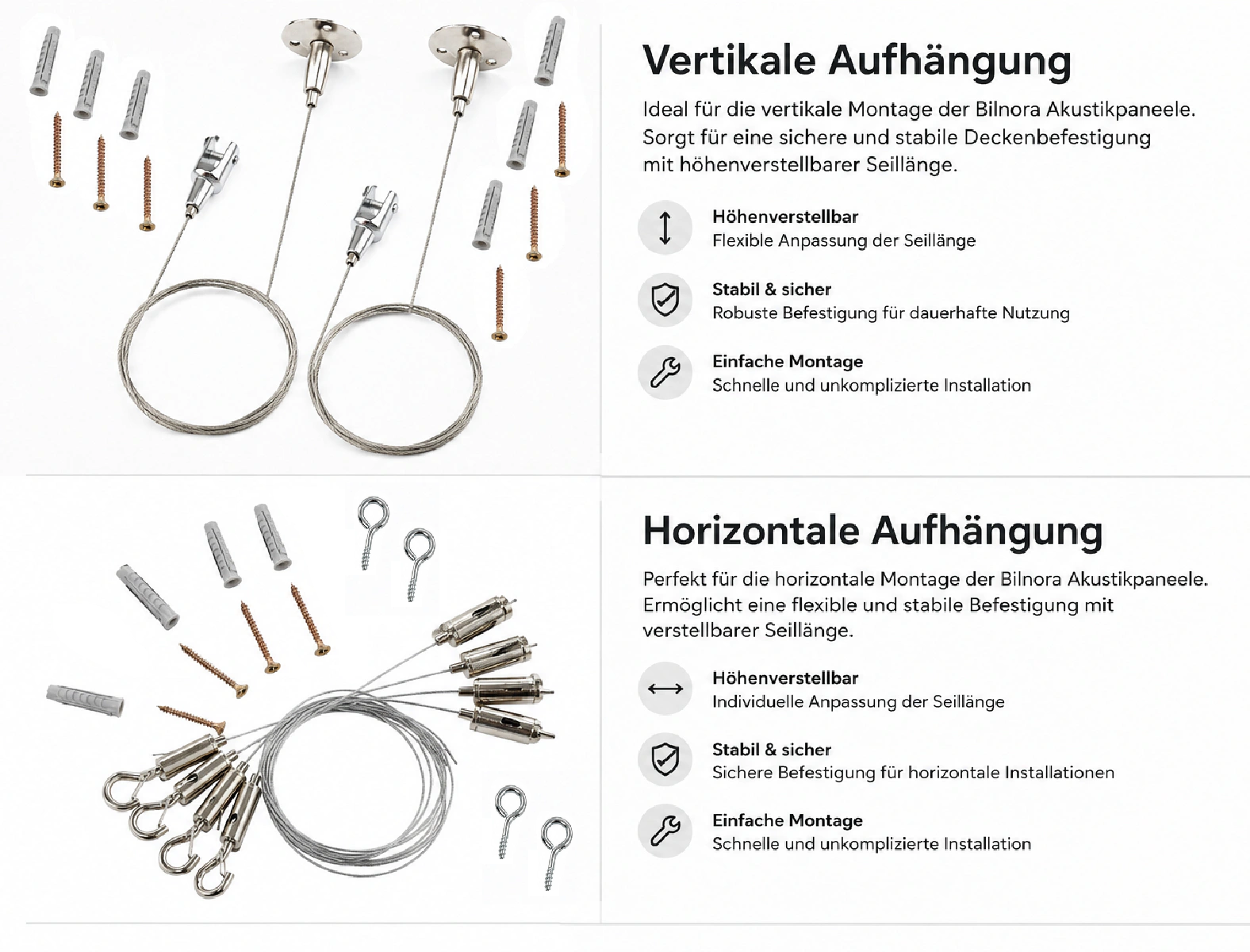 Übersicht der vertikalen und horizontalen Aufhängung für Bilnora Akustikpaneele mit höhenverstellbaren Stahlseilen, Deckenhalterungen, Haken, Schrauben und Dübeln.