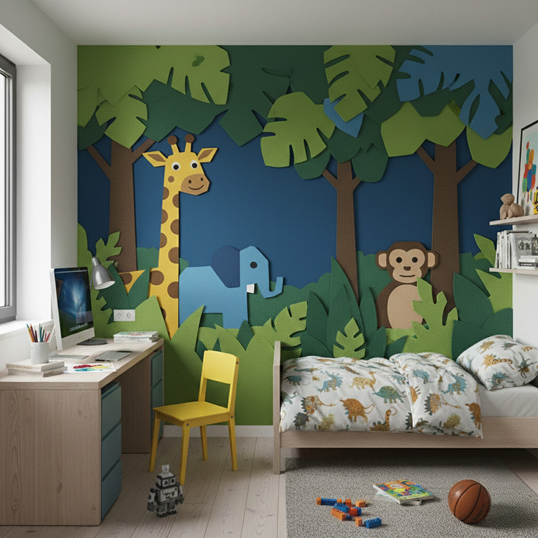 Bunte Akustikpaneele mit Figuren schaffen eine spielerische und ruhige Atmosphäre im Kinderzimmer.