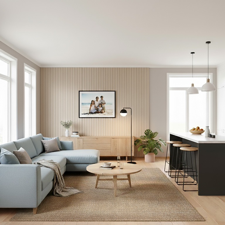 Wohnzimmerwand mit vertikalen Filz-Akustikpaneelen hinter dem Sofa.