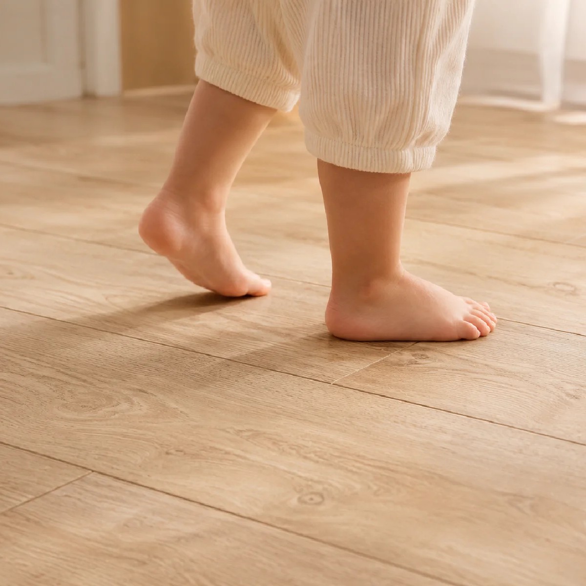 Barfüßige Kinderfüße auf einem hellen Laminatboden in Holzoptik in einem warmen, wohnlichen Innenraum, als stimmungsvolles Bild für angenehmen Gehkomfort und ein behagliches Laufgefühl.