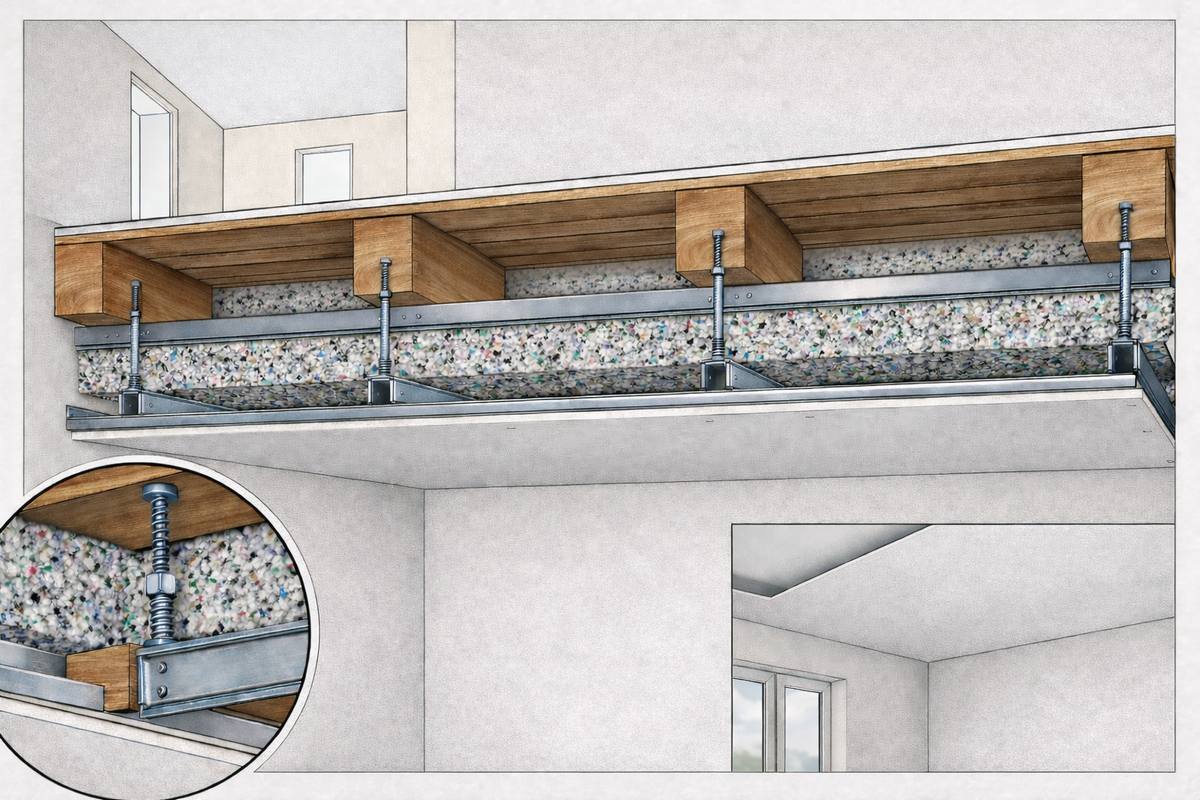 Entkoppelte Unterdecke zur Schalldämmung einer Holzbalkendecke im Altbau