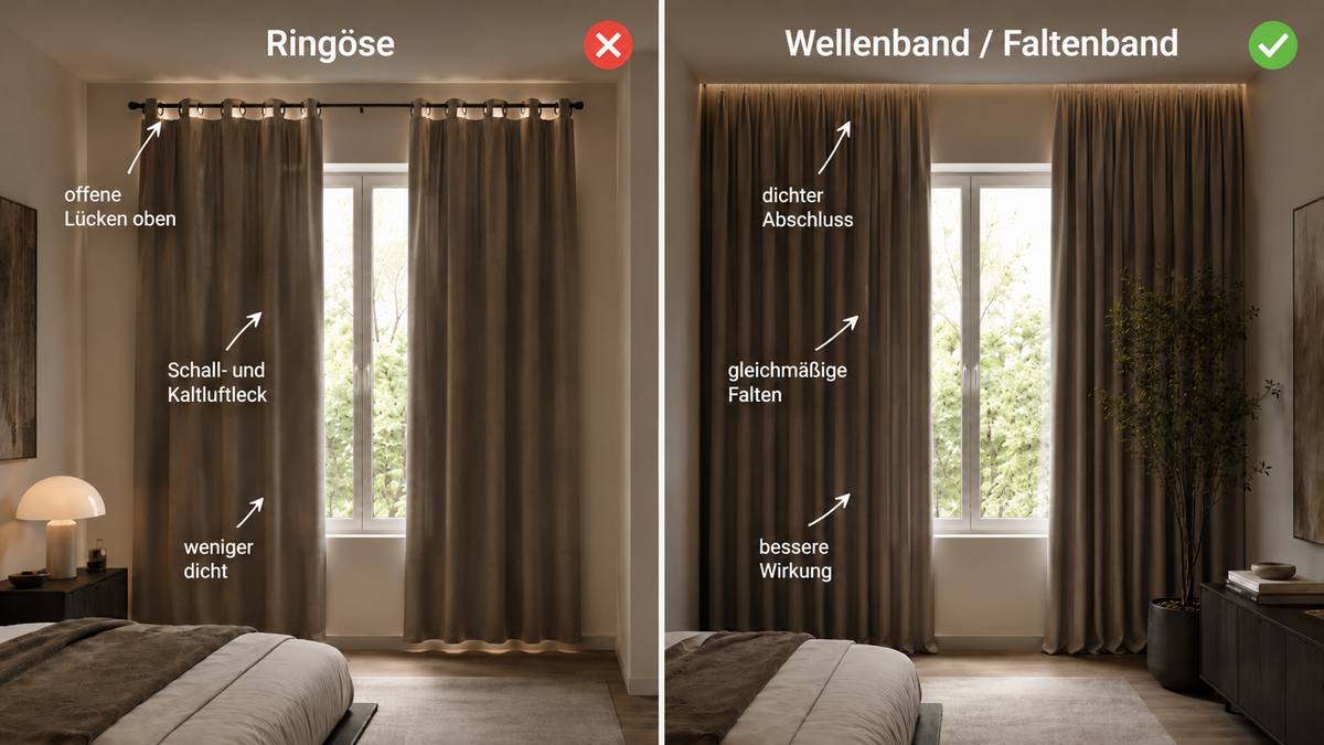 Akustikvorhang mit Kräuselband und dichter Aufhängung für weniger Schalllücken